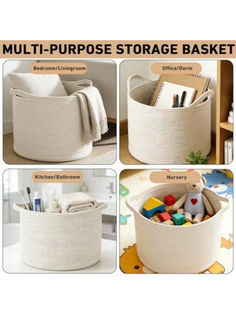 Extra Large Woven Cotton Rope Blanket Basket - Stylish White Storage Solution